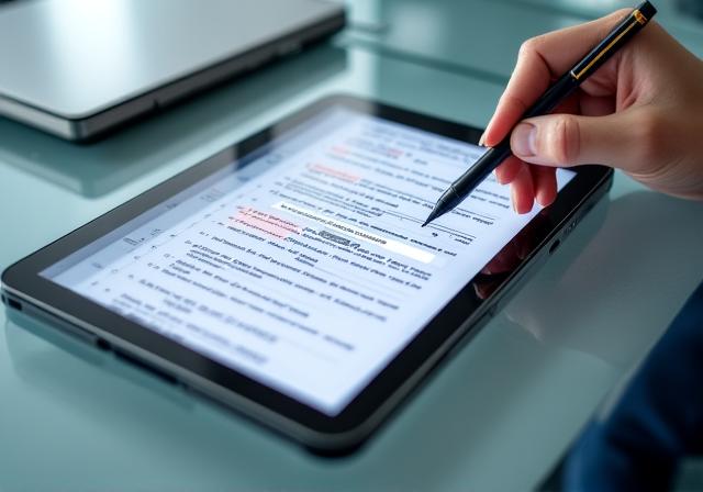Tableta mostrando un contrato digital siendo firmado electrónicamente