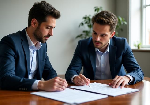 Dos profesionales de negocios revisando un documento detalladamente