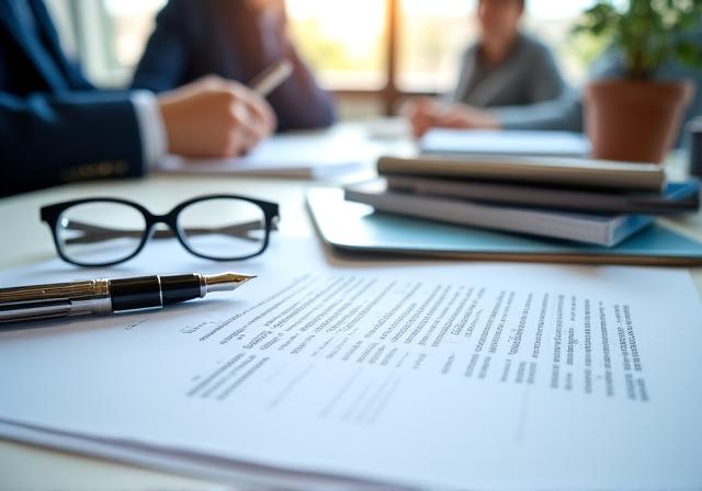 Abogado corporativo redactando un contrato formal en un entorno profesional